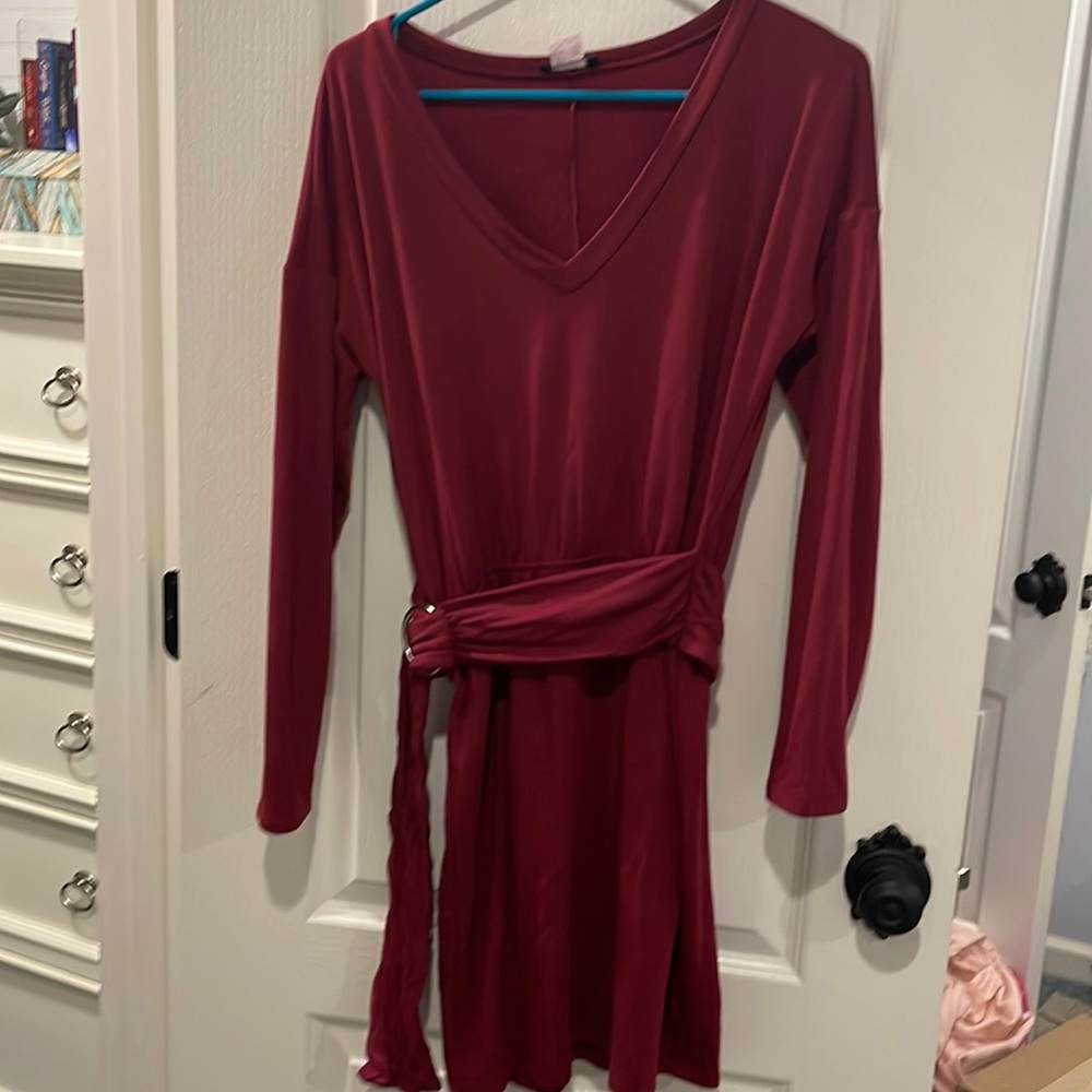Dark red sweater dress above the knee